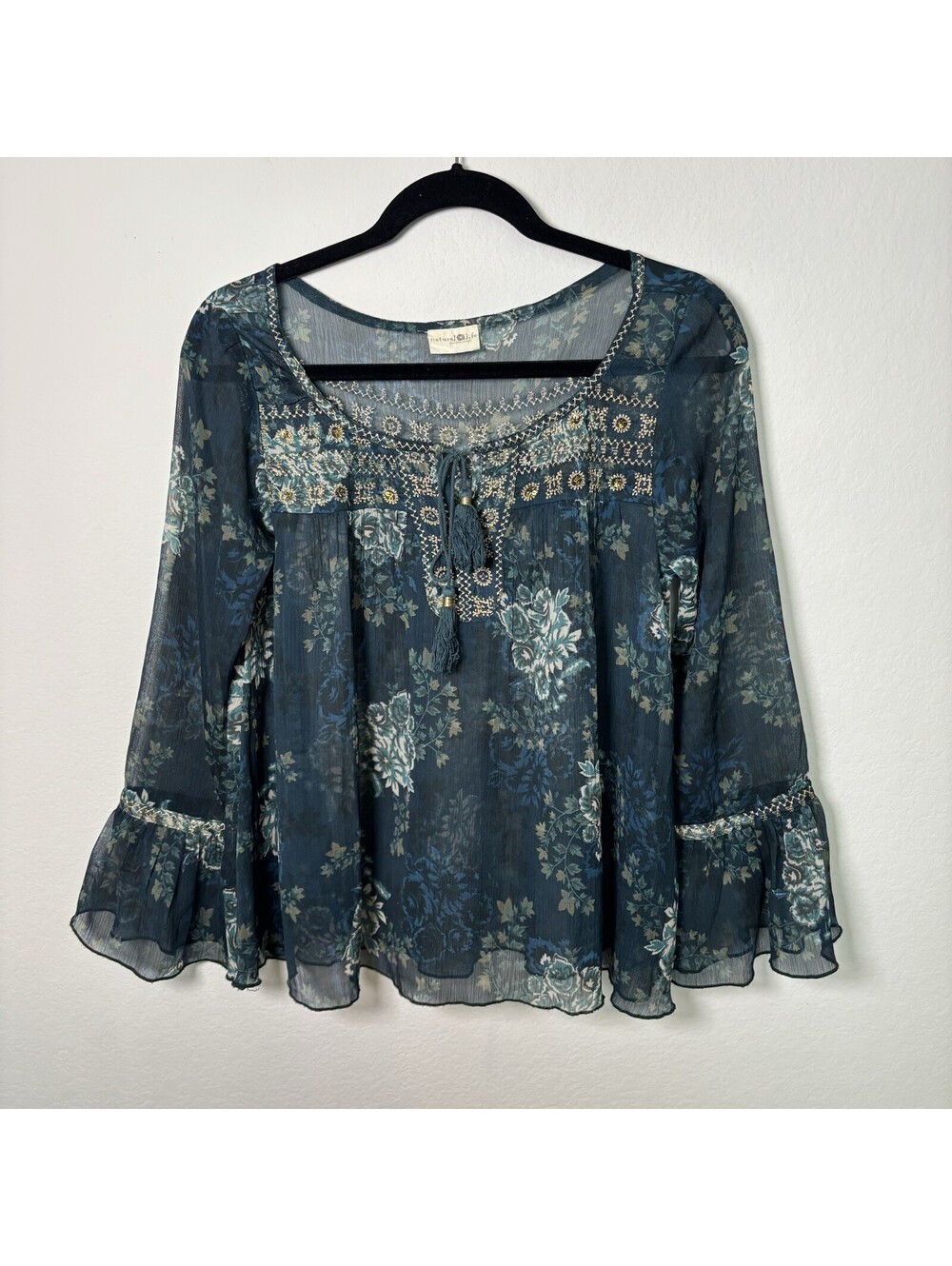 Natural Life Women's Blue Floral Boho Bohemian Tie Peasant Long Sleeve Top Sz S